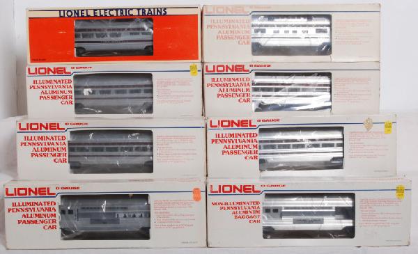 Lionel 8 car Pennsylvania aluminum passenger set: Lionel Pennsylvania aluminum passenger cars in original boxes, 9569 Combo car, 9570 Baggage, 9571 William Penn, 9572 Molly Pitcher, 9573 Betsy Ross Vista Dome, 9574 Alexander Hamilton, 7208 John Hanco