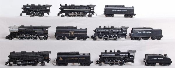 Lot of Lionel MPC steam locos: Lionel 9053 loco no tender, 8007 New Haven loco and tender, 8602 Rio Grande loco and tender, 8632 new york central loco and tender, 8704 Lionel Lines loco and tender, 8204 C&O tender and loco. Locos a