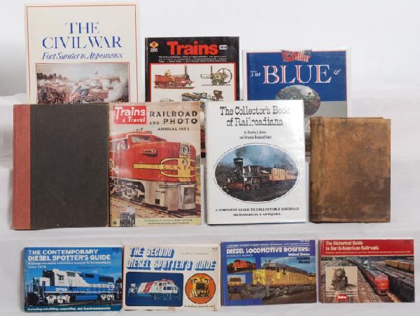 23 Railroad books, Diesel guides, and Civil War: Train Wrecks by Bonanza, Super Trains by Klein, Illustrated History of General Electric locomotives by Kerr, High Speed Trains by Collins, Popular Mechanics Railroad Album by connell. Decade of the Tr