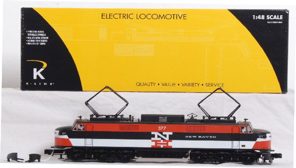 K Line New Haven EP5: K Line EP5 New Haven in OB. Loco features horn and cruise control. Loco has detached pilot on one end, should be repairable without much trouble. Other than pilot, loco is C8-9. Wheels look like facto