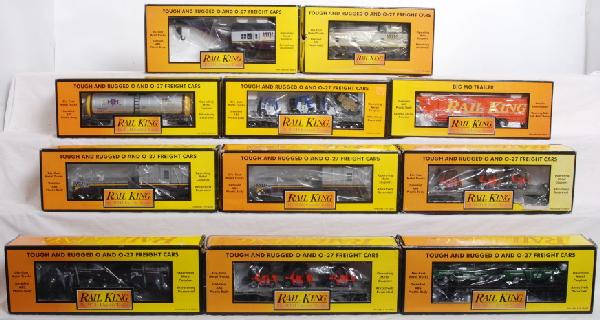 11 Railking cars, Club and Train Loft customs: Railking cars include the following MTH Railroad Club cars, two 30-7039 Crane Tenders, 30-7928 Crane, 30-760002 flat car with panel vans, 30-7779 Caboose and 30-7380 Tank Car. The following cars are c
