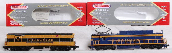 Williams Virginian EL-C and Trainmaster locos: Williams EF410 Virginian EL-C loco with horn and 9775 black and yellow Virginian Trainmaster with horn. Both locos in OBs and are C8 condition with some run time.
