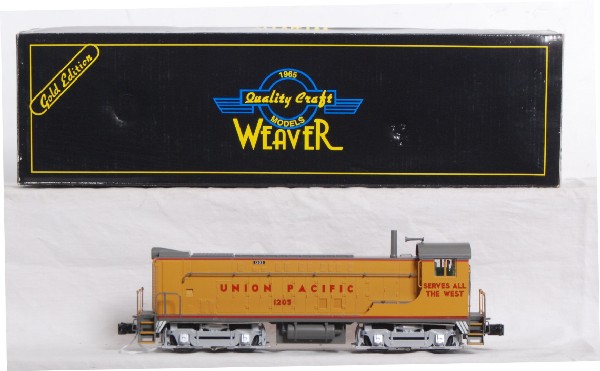 Weaver Union Pacific VO1000 with sound: Weaver 1551LP Union Pacific VO1000 in OB. Loco has sound and constant voltage directional lighting. Loco is C9-10 with very faint factory test type running marks on wheels. OB is wavy from some moistu