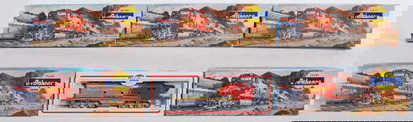 Santa Fe F2 diesel with six passengers in OB HO: Model Power, Santa Fe F2 diesel dummy loco in OB, looks C9. Five Athearn Santa Fe passenger car kits, all appear complete, un-built and with instructions sheet. Diner, baggage, RPO, coach and observat