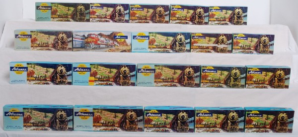 Thirty HO freight and passenger cars in Athearn bo: Thirty HO gauge freight and passenger cars in twenty original Athearn boxes, some cars match the box they are in, some do not. One gondola with load has a sound system. Cars look C8-10 with loose truc