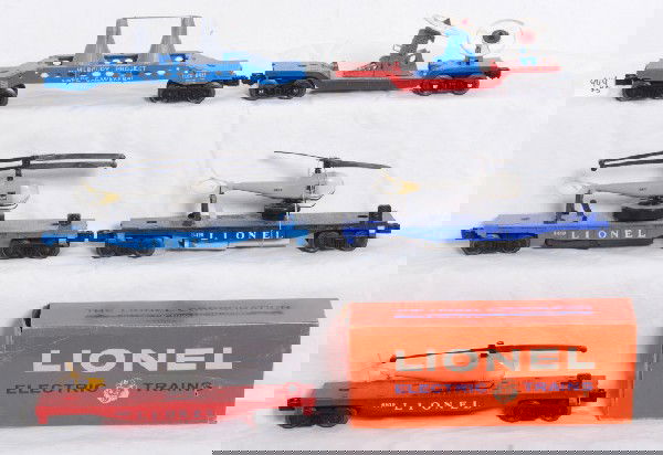 Postwar Lionel 6413, 3419, 3419, 6819, turbo: Postwar Lionel O gauge 6413 Mercury car, 3419 helicopter, 3419 helicopter, 6819 flat with helicopter and turbo missile car, C6-8 with cleaning. Some cars are unrun. Copters are original, except one.