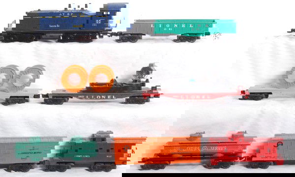 Lionel 634, 6142, 6822, 6024, 6465, flat, 6057: Postwar Lionel O gauge 634 Santa Fe NW-2 diesel, 6142 gondola, (some surface rust on wheels) 6822 track maintenance, 6024 Pennsylvania Shredded Wheat boxcar, 6465 Cities Service tank, unnumbered light