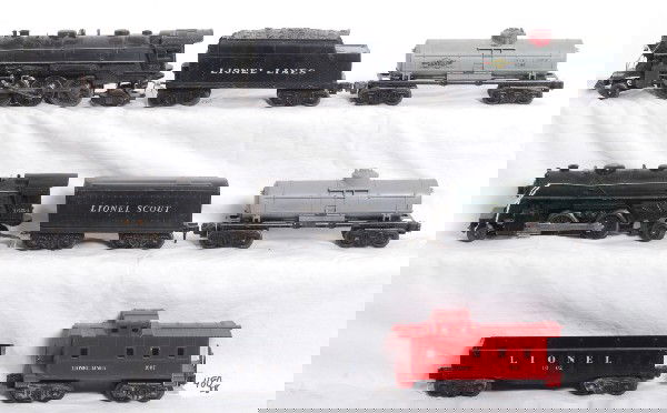 Lionel 224, 1654, tenders, 1002, 6035, 6035, 1007: Postwar Lionel O gauge 224 steam loco and tender, 1654 steam loco and tender, 1002 gondola, two 6035 Sunoco tanks (one has the dome painted red) and 1007 caboose. Some trains have light surface rust o