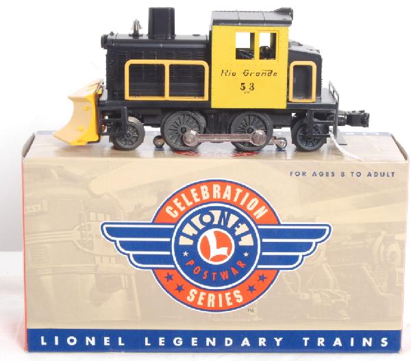 Lionel Post War Celebration Rio Grande plow 18458: Lionel 18458 Post War Celebration 18458 Denver and Rio Grande snow plow in OB. Loco features TMCC, Electrocoupler and directional lighting. Loco is C9-10 and comes with all paperwork.