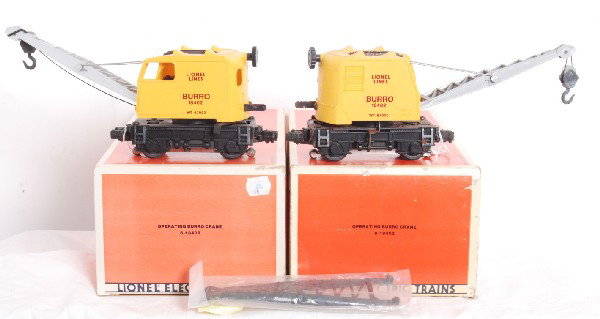 Two Lionel 18402 Burrow cranes: Two Lionel 18402 Burrow Cranes in OBs. First unit has some rust on roof and down by couplers on ladders. Unit is C7-8. Second unit has very minor rust on roof and has one end pivot on boom broken. Rep