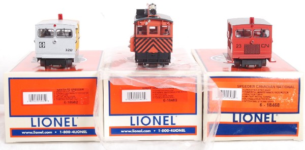 Lionel Speeders and Rail bonder ATSF, GN, CN: Lionel speeders include 18982 Santa Fe and 18468 Canadian National. Speeders are C9-10. Also included is 18489 Great Northern rail bonder. Rail bonder is C10. Box for CN speeder shows light exposure t