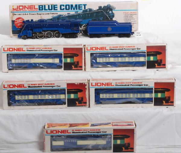 Lionel 8801 Blue Comet and cars: Lionel 8801 Blue Comet loco and tender and 9536, 9537, 9538, 9539, 9540 Blue Comet passenger cars, trains should clean to C7-8. Loco and tender box shows light wear.