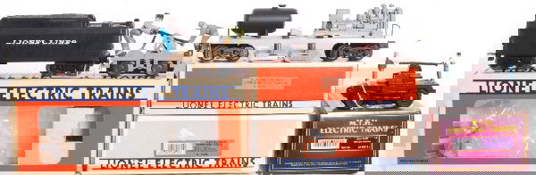 7 Lionel, MTH, Handcars, action cars, tenders: Lionel 19815 Delaware and Hudson operating brakeman car in OB, all parts present. C8-9. 16705 C&O cop and hobo boxcar. Trestle has small broken piece of plastic, should glue. OB has faded end. Lionel