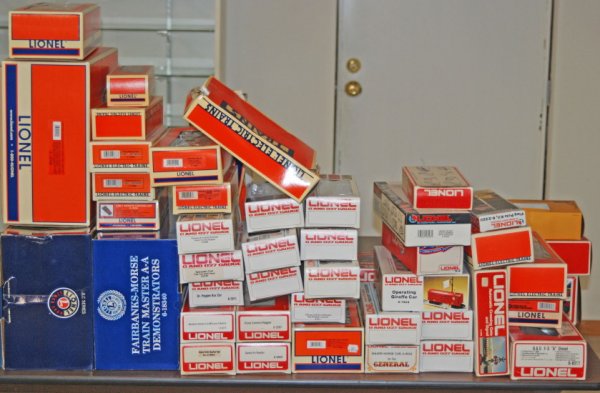 Large lot of Lionel and K Line boxes: Large lot of boxes. Lionel boxes include 38060 Union Pacific H7 2-8-8-2, 18340 Century Club II Trainmaster A-A, 31726 Century Club II Pennsylvania Coal Train set, two 12911 TMCC command base, three 12