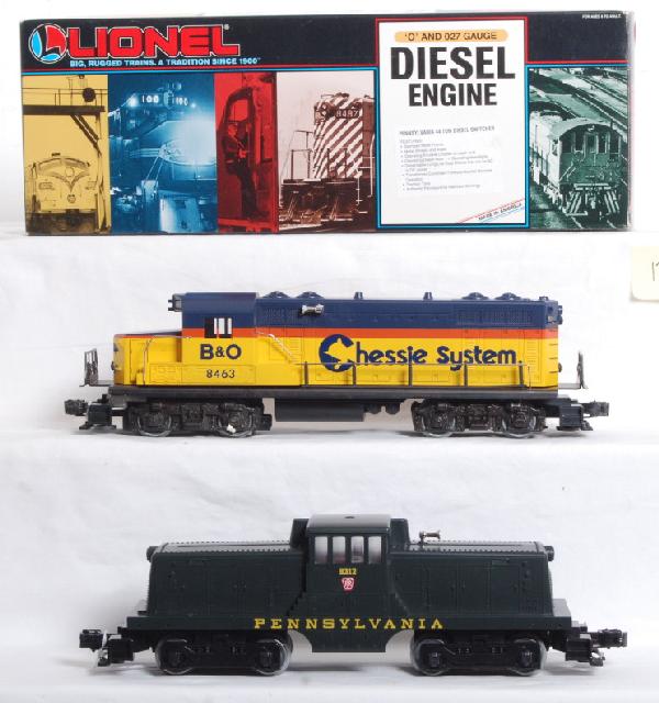 Lionel PRR 44 tonner and Chessie GP20: Lionel 18905 Pennsylvania 44 tonner with horn in OB and 8463 Chessie System GP20. Pennsylvania 44 tonner is in C9-10 condition with hand rails still sealed in bags. Chessie GP20 has inner carton but n