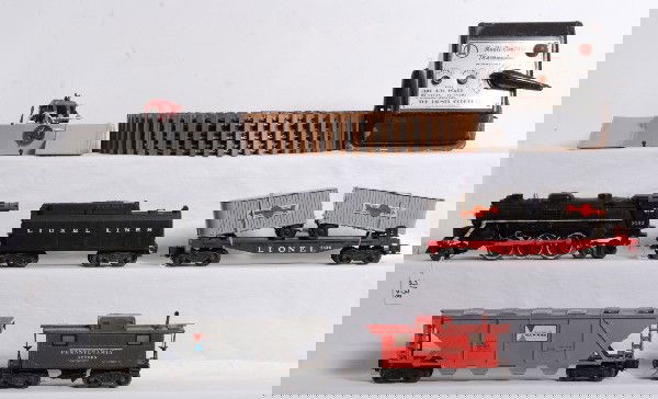 Lionel 2037, tender, 6346, 6430, 2457, 460: Postwar Lionel O gauge No. 2037 steam loco and an unnumbered tender with whistle, 6346 Alcoa Aluminum covered hopper, 6340 flat w/two Cooper Jarrett trailers, 2457 Pennsylvania caboose, 460 piggyback