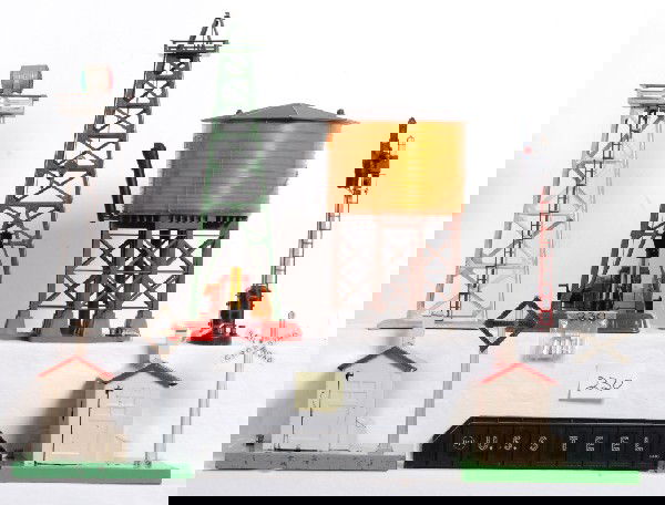 Lionel 045, 45, 494, 455, 30, 6418, 151: Postwar O gauge No. 045 automatic gateman (number is painted out, may be factory), 494 beacon, 455 oil derrick and pumper, 30 water tower, 6418 plate girder bridge and 151 automatic semaphore, C5-6.