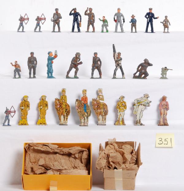 Diecast soldiers, cowboys, Indians, railroad...: Nice lot of vintage lead diecast soldiers, cowboys, Indians and railroad figures. One soldier is marked Manoil, others can be identified. Eight Marx Target Sets targets. Please view the photographs fo