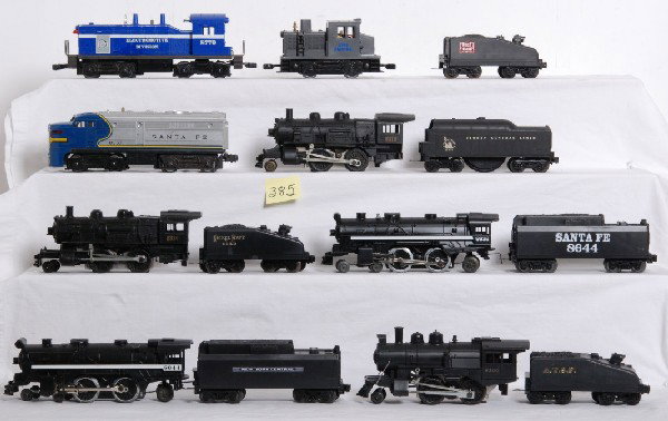 Lot of 9 Lionel misc. MPC and LTI locos: Lot of nine Lionel LTI and MPC locos. Locos include Santa Fe 8644, New York Central 8644 (bell broken off), 8300 Santa Fe, 8310 with Nickel Plate Tender and 8310 with Jersey Central tender, 8912 Amtra