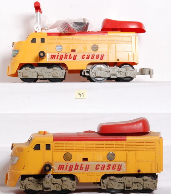 Six ride on toys, Remco Mighty Casey...: six ride on toys, two Remco Mighty Casey locos, Mighty Casey boxcar in OB, National peddle scooter, Marx 49 the Pioneer and Marx fire truck. Please view the photographs for the best description and as
