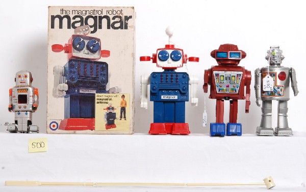 Four Robots, three B.O., one key wind, one in OB: Four Robots, three B.O., one key wind, one in OB. SY tinplate key wind mechanical robot with sparkler window in belly, Made in Japan. Operates well with nice sparkler, appears to have never been opene