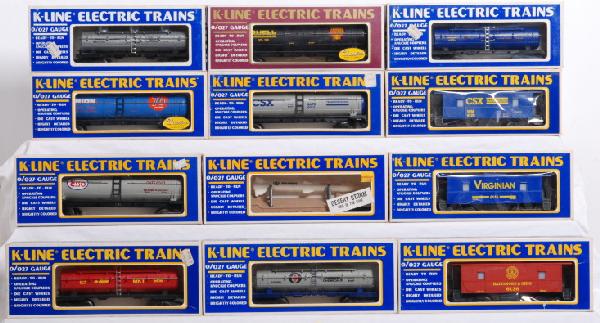 12 K Line freight cars in OBs: 12 K line freight cars in OBs. Cars include 6321 Union 76 tank car, 6316 Shell tank car, 6313 CSX tank car, 6136 B&O lit caboose, 6652 Desert storm missile carrier, 6116 Virginian lit caboose, 5415 Di