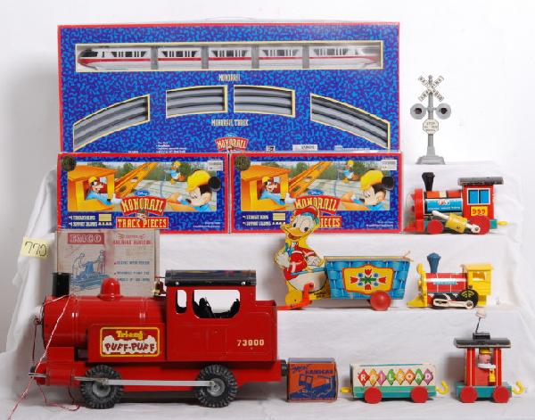 Fisher Price, Triang, Playskool, Disneyland: Fisher Price wooden pull toys, Triang pressed steel train, Playskool Sleep Dolly Sleep, Disneyland monorail train items in OB. Please view the photographs for the best description and as to the condit