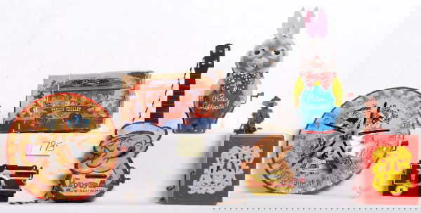 Lot of Mattel toys, Agent Zero gun, Popeye guitar: Lot of Mattel toys, Agent Zero gun, Popeye guitar, Peter Cottontail tin windup, 4 and 20 blackbirds tin windup toy, tricky trolley in OB missing flaps and A Futureland Toy Mattel Creations monkey on a