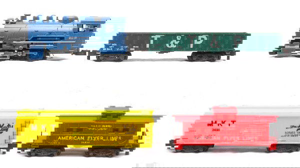 AF Uncatalogued Dept. Store Freight Set 20185: American Flyer S gauge uncatalogued Department Store Special freight set no. 20185, circa 1960 containing; 21158 0-6-0T docksider switcher loco, 24030 MKT boxcar, 24120 Texas & Pacific gondola and 246