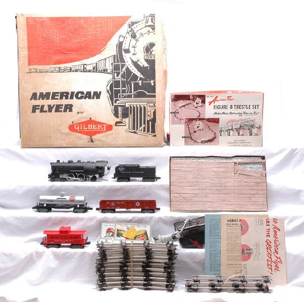 AF Figure Eight Over & Under Freight Set 20123 OB: American Flyer S gauge Figure-Eight Over-And-Under AF freight train set no. 20123, circa 1957-58 in original set box with original cardboard insert containing; 21160 Reading Lines 4-4-2 Atlantic steam