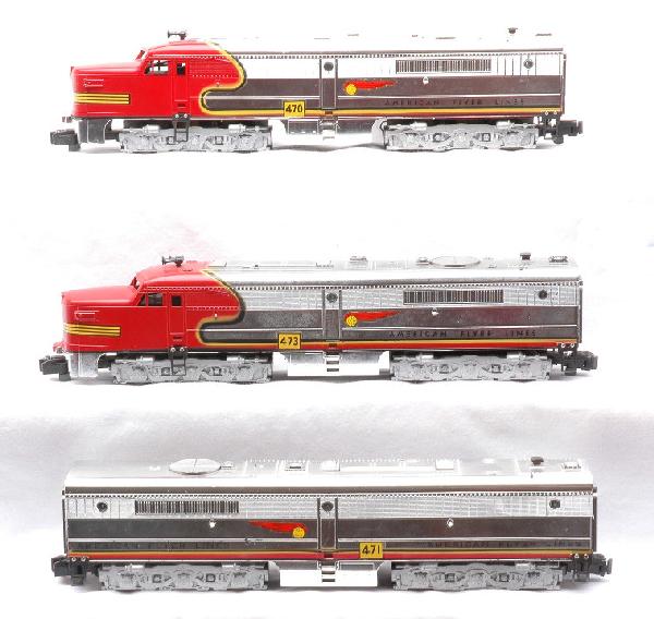 Am Flyer 470/471/473 Chromed Santa Fe ABA Loco: American Flyer S gauge 470/471/473 chromed Santa Fe PA/PB/PA diesel locomotive. The powered A unit and B unit have bright and shiny chrome with a few minor chips, otherwise C8. The chrome on the dummy