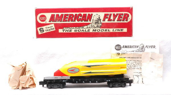 Am Flyer 25515 U.S.A.F. Rocket Sled MINT OB: American Flyer S gauge 25515 U.S.A.F. rocket sled car with original wrap, instruction sheet and a sealed packet in OB. The car has never been run, C9-10. The OB has all flaps attached.