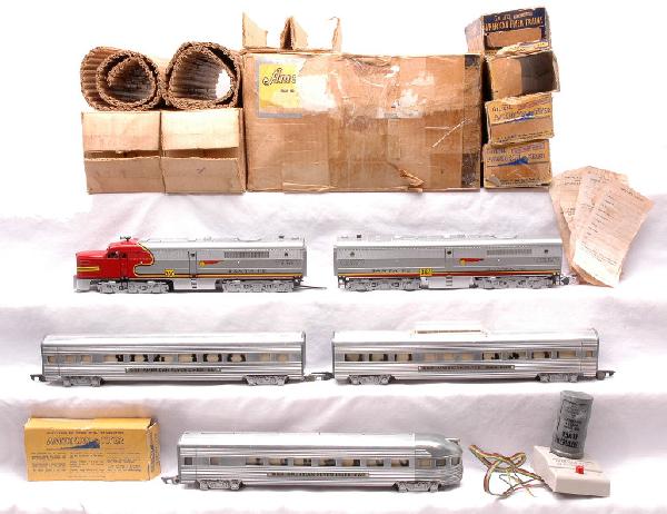 Am flyer DeLuxe Passenger Set no. 5108W OB: American Flyer S gauge Deluxe passenger set no. 5108W, circa 1951 in individual OBs and set box containing; 365 (360/364) Santa Fe Alco PA/PB loco with original wraps, three aluminum streamlined AFL p