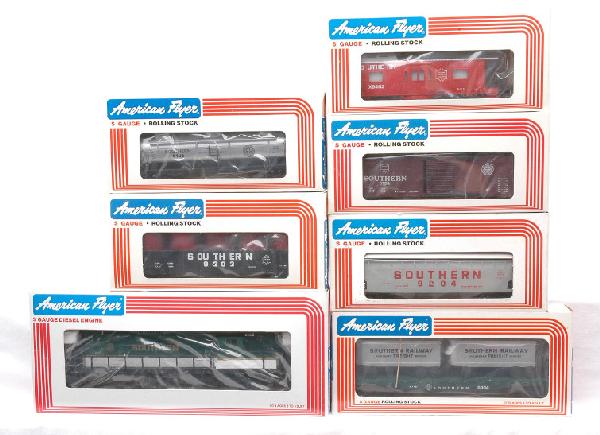 AF by Lionel 8458 9004 9105 9204 9704 9403 MIB: American Flyer S gauge by Lionel Southern freight set containing; 8458 GP-9 Southern GP9 diesel, 9004 flatcar with vans, 9105 three dome tank, 9204 hopper, 9303 gondola with canisters, 9704 boxcar and