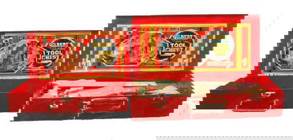 Gilbert Tool Chest 2 1/2 in Red Metal Case: A.C. Gilbert Tool Chest no. 2 1/2 in a red metal case with original tools. The paper label inside the case lid has bright and clean color graphics. The outside of the case is scratched and has a paper