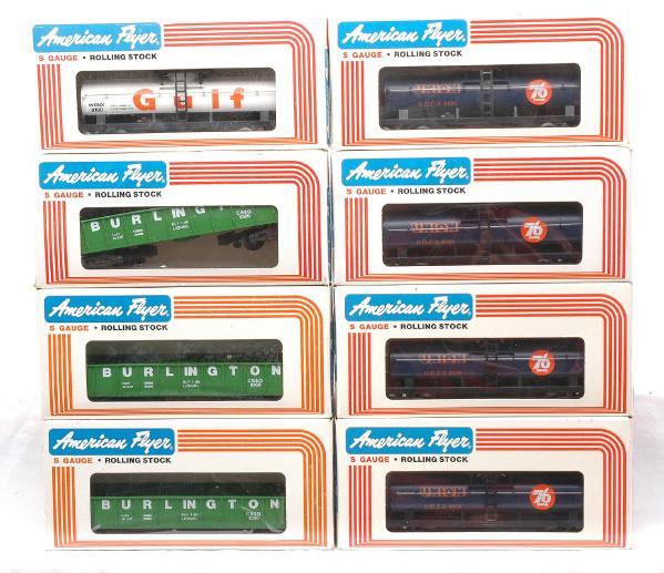 AF by Lionel Freights 9100 4-9101 3-9300 MIB: American Flyer S gauge by Lionel freight cars; 9100 Gulf tank car, four 9101 Union Oil tank cars and three 9300 Burlington Northern gondolas all in OBs. Cars have never been run, C9-10.