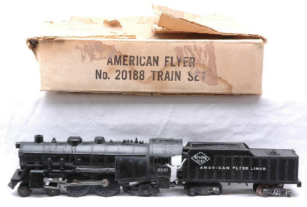 Am Flyer 20188 Set Box ONLY 21160 Reading Loco: American Flyer S gauge 20188 uncataloged freight set box only, circa 1960. Also included is 21160 Reading 4-4-2 Atlantic loco and tender missing one set of wheels and draw bar, C6.