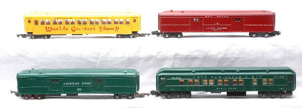 AF 718 NH REA 732 AF Baggage Cars 649: American Flyer S gauge 718 red New Haven Railway Express Agency operating mail pick up car that has been converted to knuckle couplers and a 732 green AF operating baggage car. Also included is a 649 
