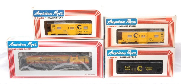AF by Lionel Chessie System 8459 9200 2-9400 MIB: American Flyer S gauge by Lionel 8459 GP-20 Chessie System diesel engine, 9200 Chessie hopper car and two 9400 Chessie System cabooses in OBs. The cars have never been run C9-10,