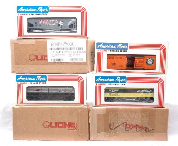 AF Lionel NASG 0700 48472 48436 48475 MIB: American Flyer S gauge by Lionel N.A.S.G. freight cars; 0700 1981 Syracuse, NY boxcar, 48472 1990 Pennzoil tank car, 48436 1991 NYMX refrigerator car and a 48475 1991 Boraxo hopper in OBs. the 48472,4
