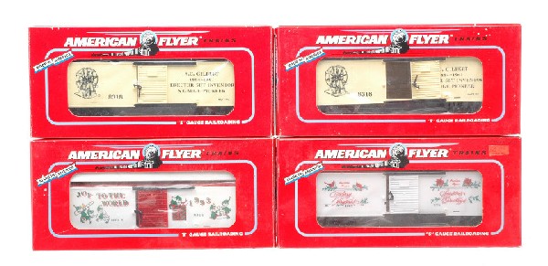 AF by Lionel 2-48318 48314 48319 Boxcars MIB: American Flyer S gauge by Lionel two 48318 A.C. Gilbert boxcars in OBs, C9-10. Also included are American Flyer S gauge by Lionel 48314 1992 Christmas boxcar and 48319 1993 Christmas boxcar in OBs, C9