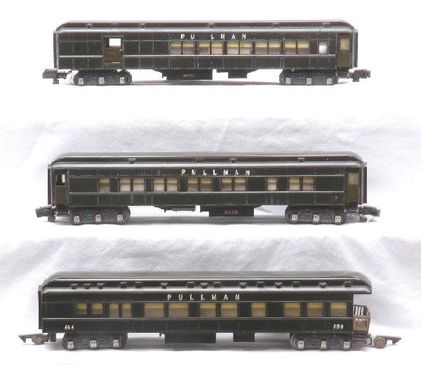 Am Flyer Green Passenger Cars 651 652 654: American Flyer S gauge green passenger cars; 651 combine, 652 Pullman and 654 observation. The cars have been re-lettered. The 651 and 652 have been converted to knuckle couplers and renumbered. The c