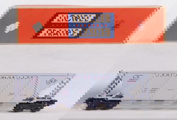 Lionel 6436-500 LV hopper in OB for GirlÕs Train: Postwar Lionel O gauge No. 6436-500 Lehigh Valley hopper in original box for the GirlÕs Train set, hairline at spreader, O/W lower C7.