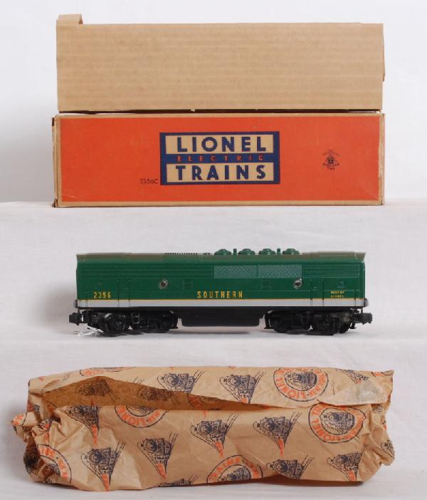 Lionel No. 2356C Southern F3b unit in OB Mint: Postwar Lionel O gauge No. 2356C Southern Railway EMD F3 diesel B unit in original box with insert and full sheet of wrapping paper, unrun C9. Box is C8 area.