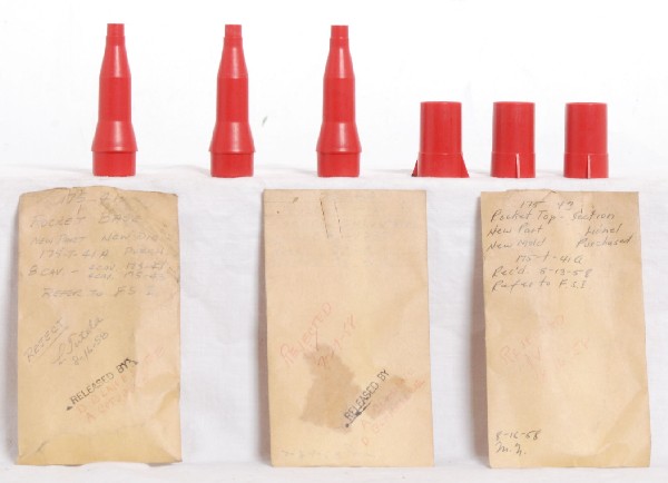 Postwar Lionel factory production samples w/tags: Postwar Lionel factory production samples with tags/envelopes with information on them. 175-45 rocket tip (appears to be four in envelope), 175-43 rocket top-section (three tops) and 175-41 rocket bas