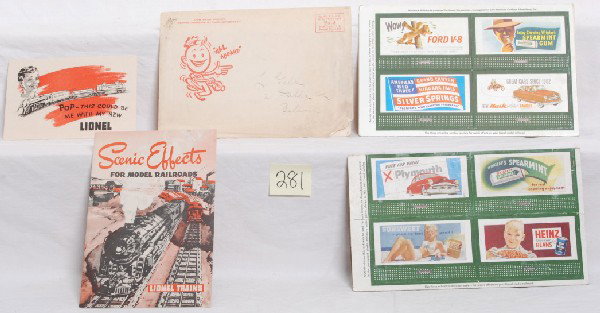 Postwar Lionel billboards, 1950, 1951, 1953, more: Three postwar Lionel unpunched billboard sets, 1950, 1951 and 1953, some very light wear and tears, but unpunched fully intact. 7 X 10 white ALL ABOARD envelope with Hello Pop! Fold card in half and s