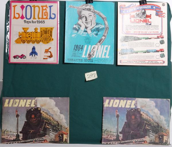 Seventeen postwar O gauge Lionel catalogs: Seventeen postwar O gauge Lionel catalogs and two Service Stations booklets. Two 1947, 1949, 1950 two color, 1951, two 1952 with different back covers, two 1958, 1960, 1963, two 1964, 1965, 1966, 1968