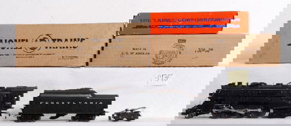 Lionel No. 736LTS w/736W in 637LTS over sticker OB: Postwar Lionel 736LTS steam locomotive with 736W Pennsylvania tender with whistle (missing one rear step) in original boxes in a 637LTS OB that was factory over stickered for the 736LTS loco. Loco and