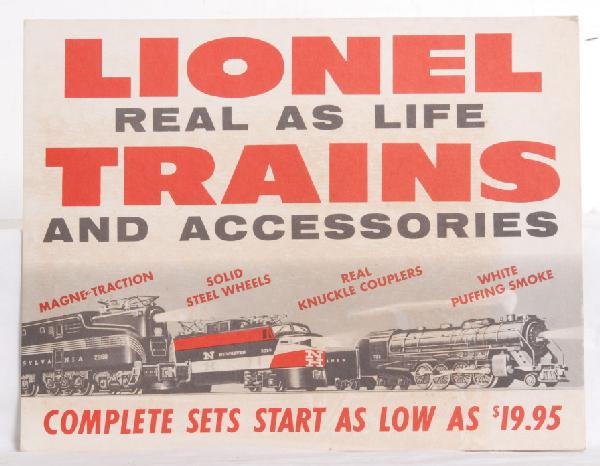Lionel postwar dealer prop up counter top sign: Lionel postwar dealer prop up counter top sign, C9-10. Prop has never been folded up/out. Measures approximately 13 1/2 inches wide and 10 1/2 inches tall featuring 2360 Pennsylvania 5 stripe GG1, 235