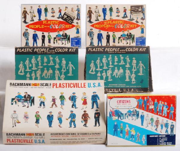 Original boxes of Plasticville Bachmann figures: Original boxes Plasticville Bachmann figures. Four PF-4 People with Color kit, boxes, 1915 citizens and one 1619-100 citizens box. One of the PF-4 kits and the 1619-100 citizens are both C8-9 complete